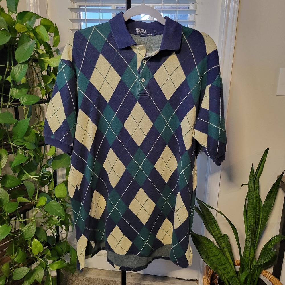 Vintage Polo Ralph Lauren Argyle Polo Shirt Mens Large Blue Green Made in USA
